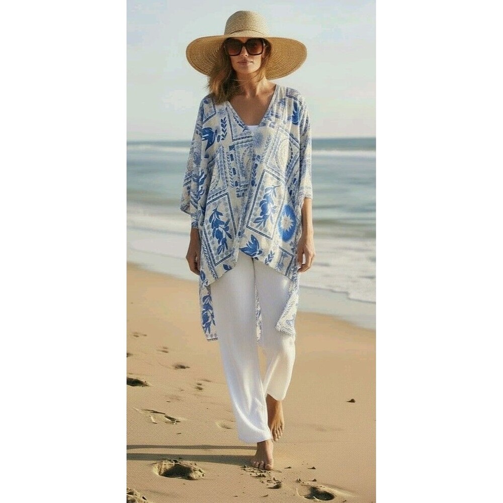 Calypso St. Barths Blue White Coastal Print Linen Blend Top XL Cover-Up NWOT